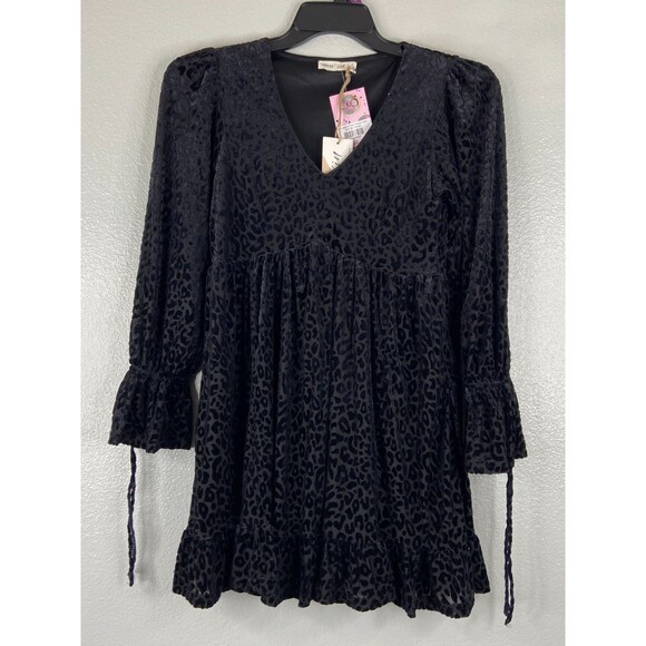 New In Collection Women Small Mini Dress Black Leopard Pattern Flow Skirt NWT - Picture 1 of 8